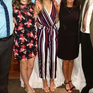 EXPRESS STRIPED BELTED SATIN STRIPED JUMPSUIT